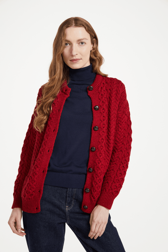 Achill Island Ladies Merino Aran Cardigan - Red