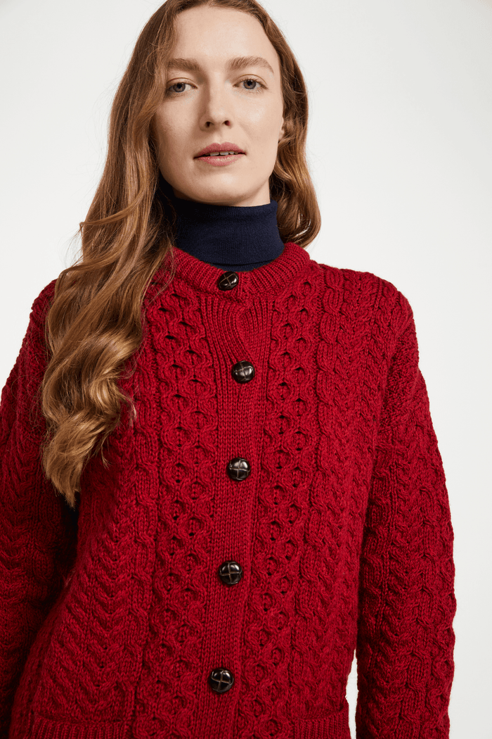 Achill Island Ladies Merino Aran Cardigan - Red