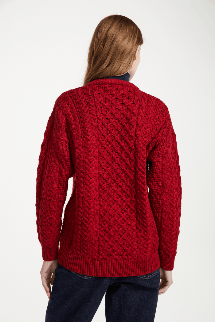 Achill Island Ladies Merino Aran Cardigan - Red