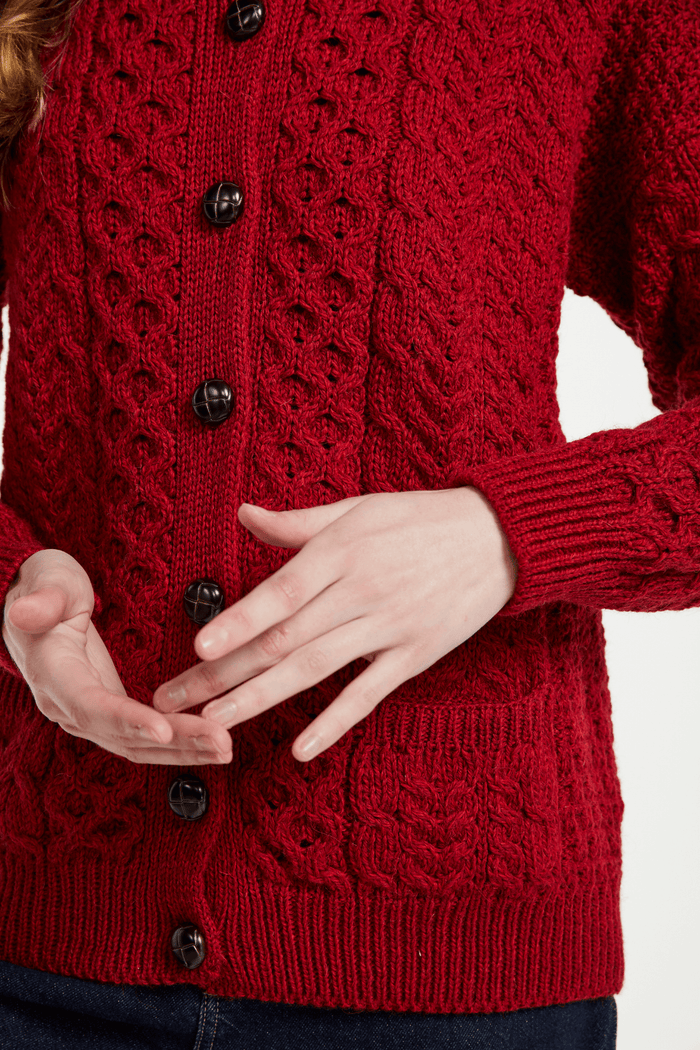 Achill Island Ladies Merino Aran Cardigan - Red