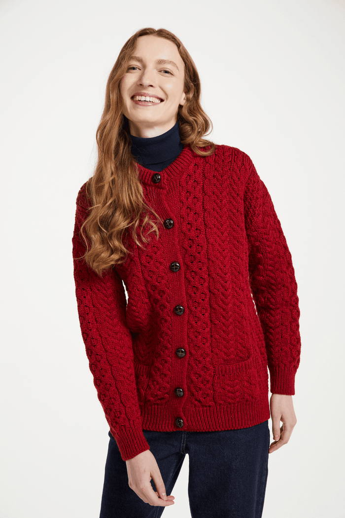 Achill Island Ladies Merino Aran Cardigan - Red