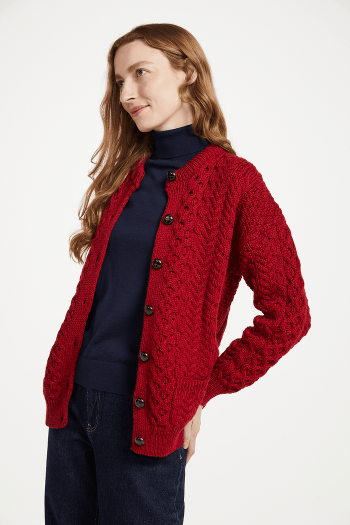 Achill Island Ladies Merino Aran Cardigan - Red