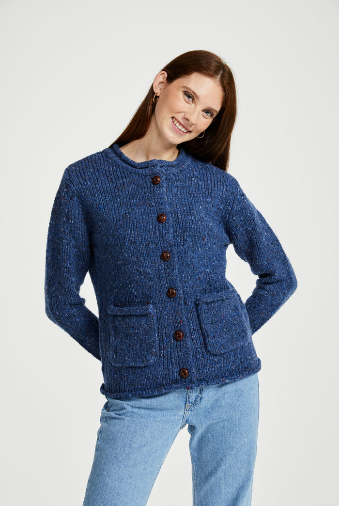 100% wool cardigan, woollen jumper, cardigan, buttoned cardigan, aran wool, knitwear, Ireland, women's cardigan, blue sweater