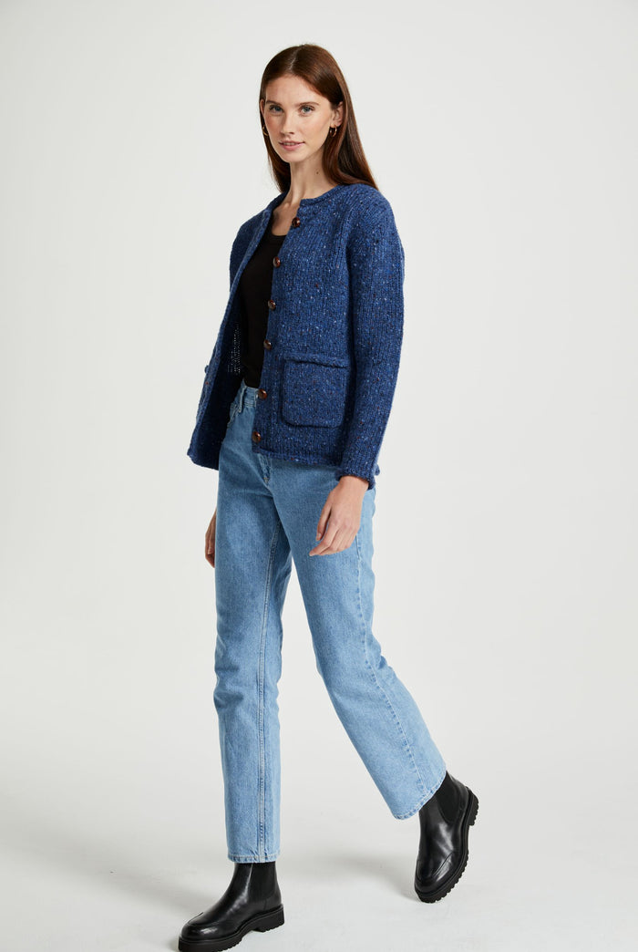 100% wool cardigan, woollen jumper, cardigan, buttoned cardigan, aran wool, knitwear, Ireland, women's cardigan, blue sweater