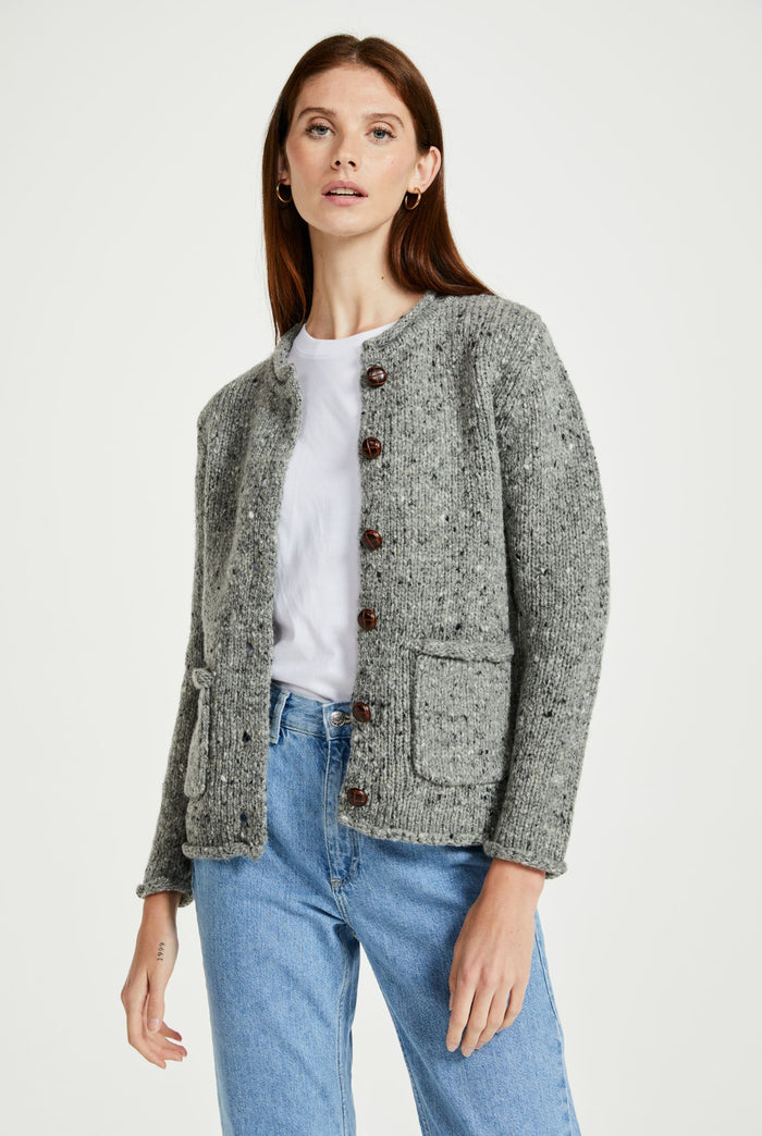 100% wool cardigan, woollen jumper, cardigan, buttoned cardigan, aran wool, knitwear, Ireland, women's cardigan, grey sweater