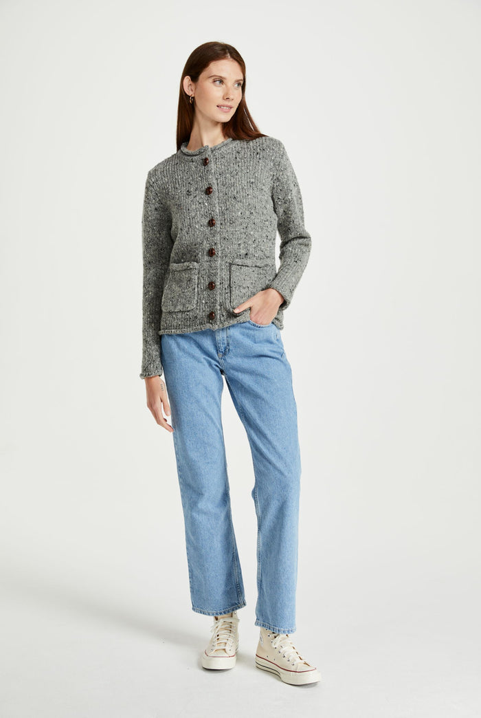 100% wool cardigan, woollen jumper, cardigan, buttoned cardigan, aran wool, knitwear, Ireland, women's cardigan, grey sweater