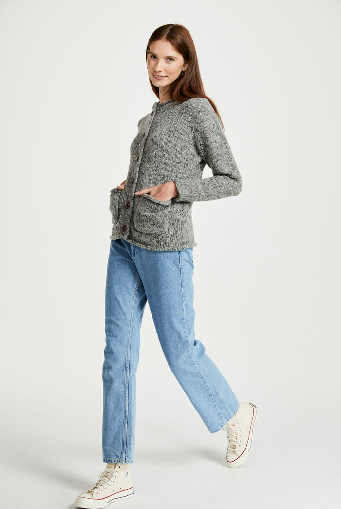 100% wool cardigan, woollen jumper, cardigan, buttoned cardigan, aran wool, knitwear, Ireland, women's cardigan, grey sweater