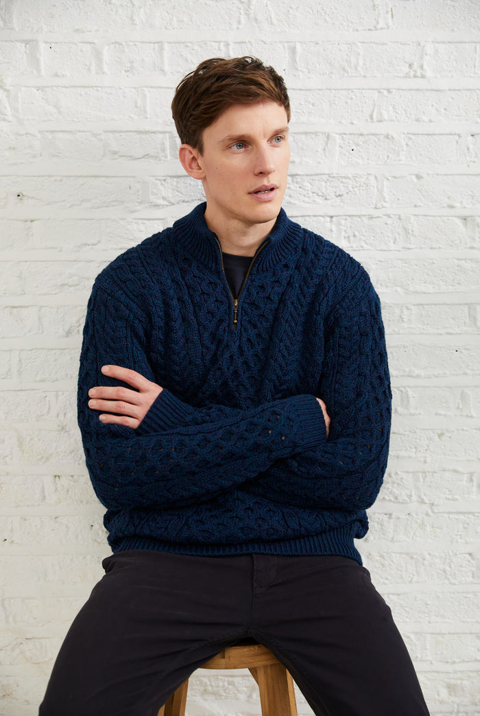 100% wool, sweater, merino wool,  knitwear, men's sweater, jumper, aran knit, men's jumper, made in Ireland, cable knit,blue
