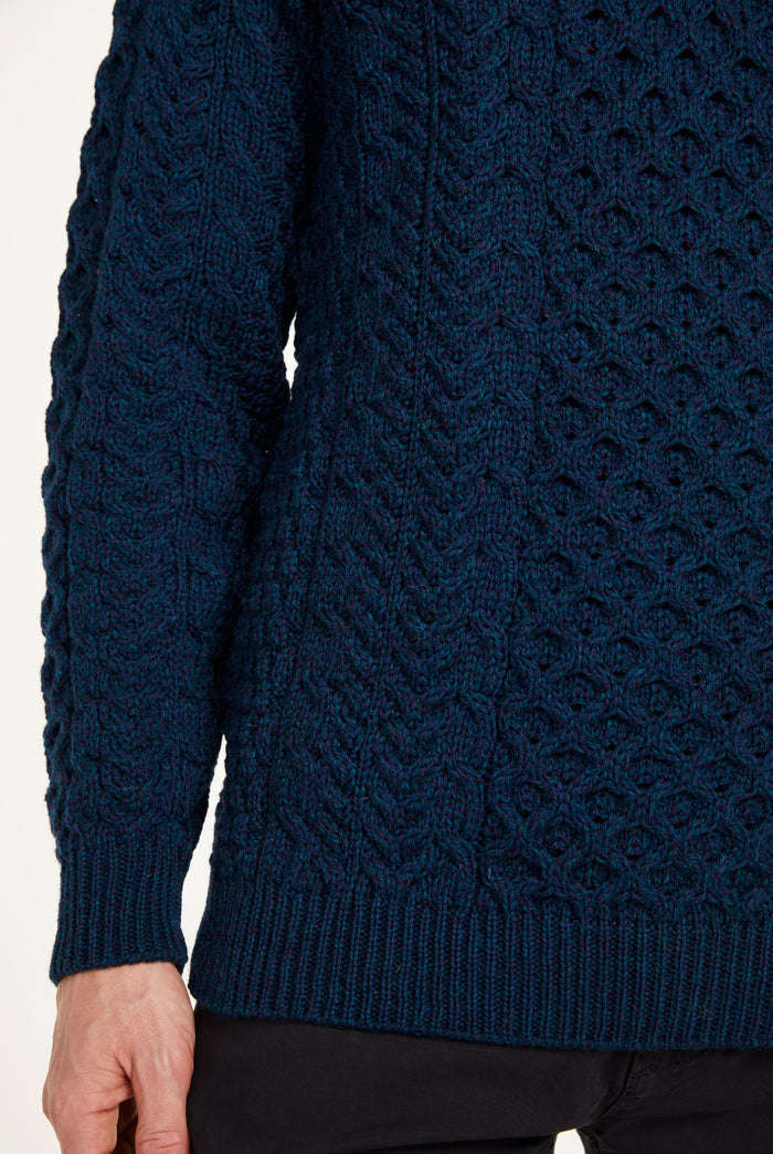 100% wool, sweater, merino wool,  knitwear, men's sweater, jumper, aran knit, men's jumper, made in Ireland, cable knit,blue