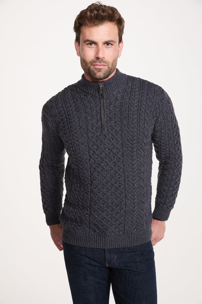 Ballycroy Mens Merino Aran Half Zip Sweater - Grey