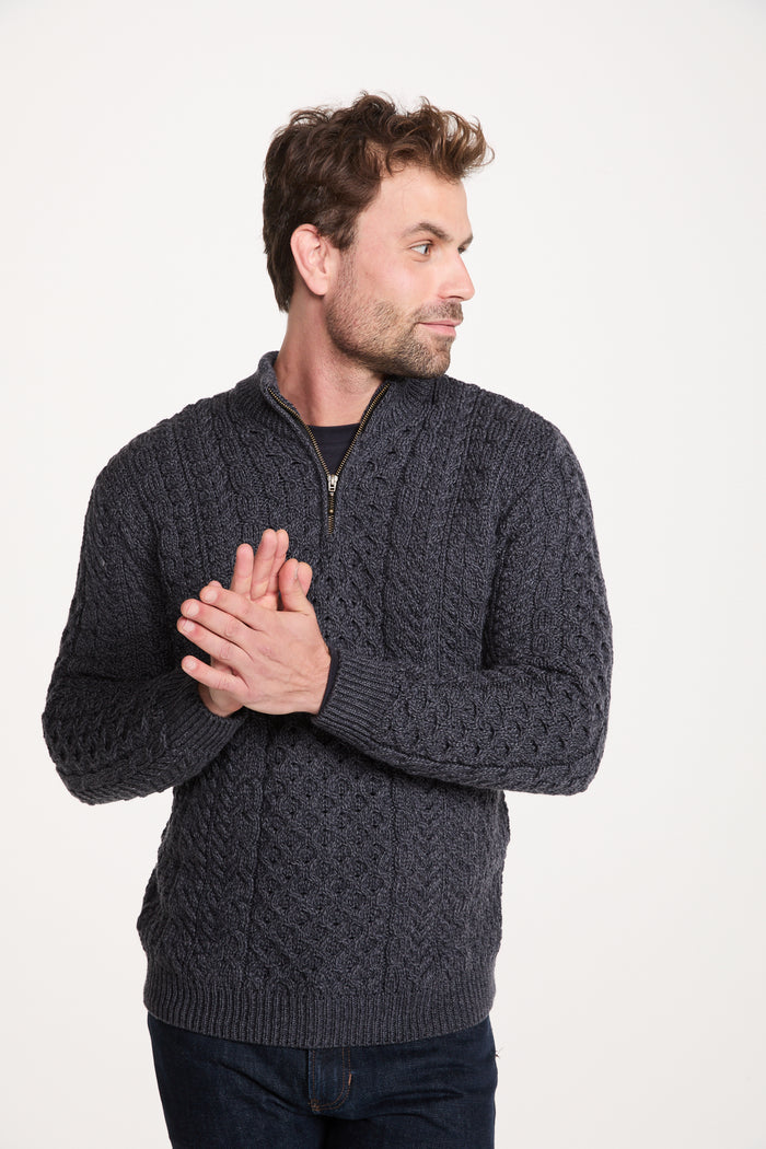 Ballycroy Mens Merino Aran Half Zip Sweater - Grey