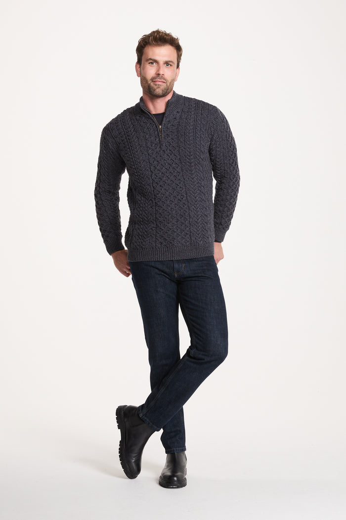 Ballycroy Mens Merino Aran Half Zip Sweater - Grey