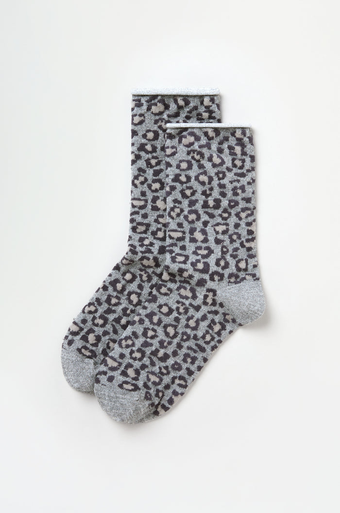Bamboo Leopard Print Socks: gray crew socks with a black and beige leopard pattern, shown on a white background.