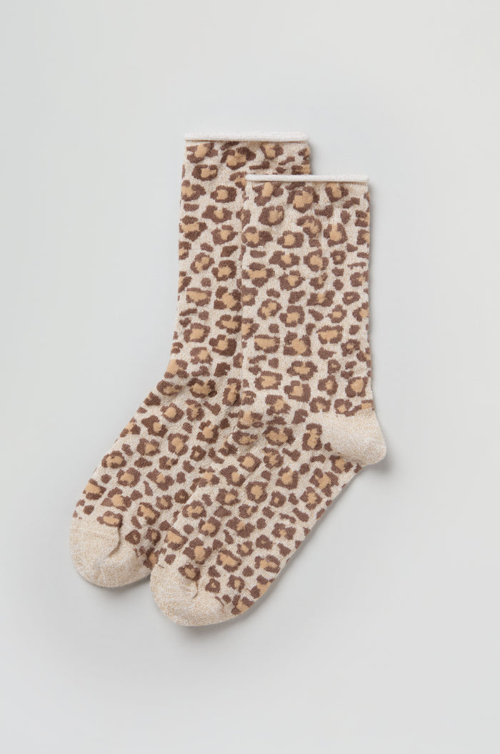 Bamboo Leopard Print Socks in beige feature a brown and tan leopard pattern, shown laid flat on a light background.
