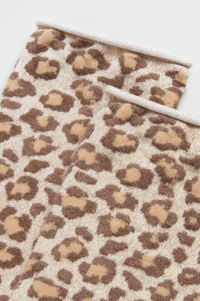 Close-up of Bamboo Leopard Print Socks with a brown and beige leopard pattern on a light background.