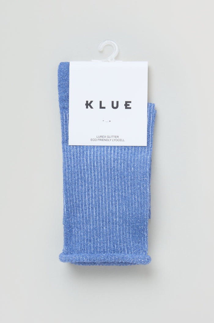 Bamboo Sparkle Blue Socks: blue ribbed socks with glitter and metallic lurex, packaged with a white "KLUE" label and hung on a plastic hook.