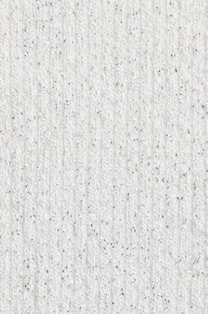Close-up of a white knitted fabric with vertical ribbing and fine fibers, similar to that used in Bamboo Sparkle Cloud Socks.