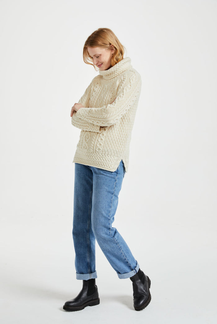 Merino wool, Ireland, Aran, jumper, Pullover, made in Ireland, knitwear, women's sweater, ladies' jumper, roll neck sweater,cream