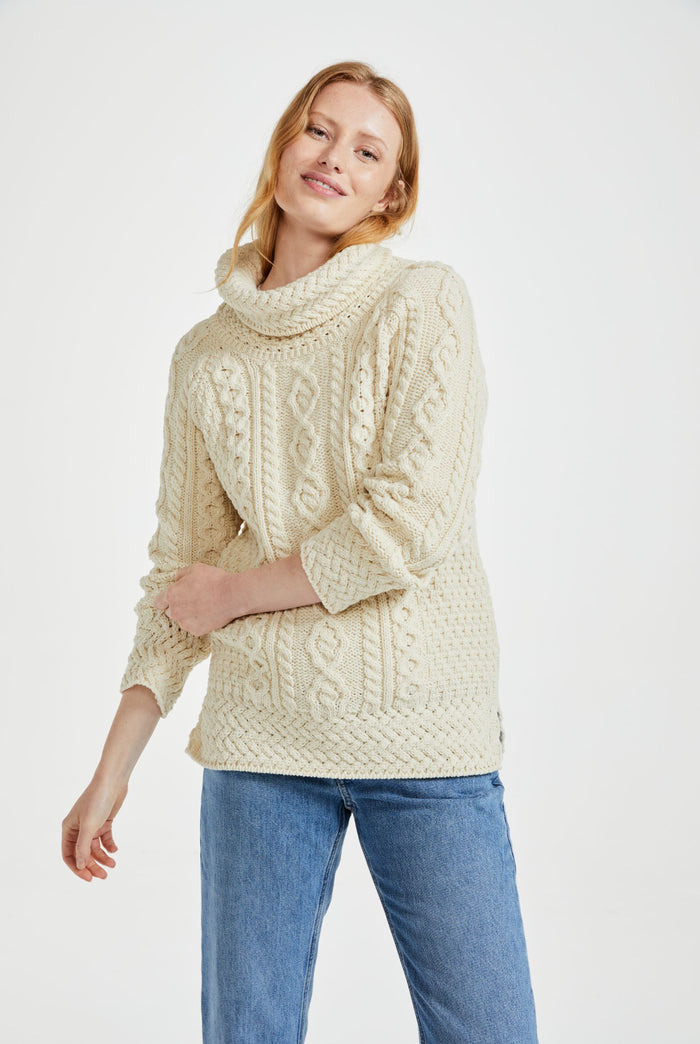 Merino wool, Ireland, Aran, jumper, Pullover, made in Ireland, knitwear, women's sweater, ladies' jumper, roll neck sweater,cream