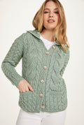 Made in Ireland, wool cardigan knitwear, aran sweater, cardigan, merino wool, green, ladies' knitwear, knitwear, cable knit