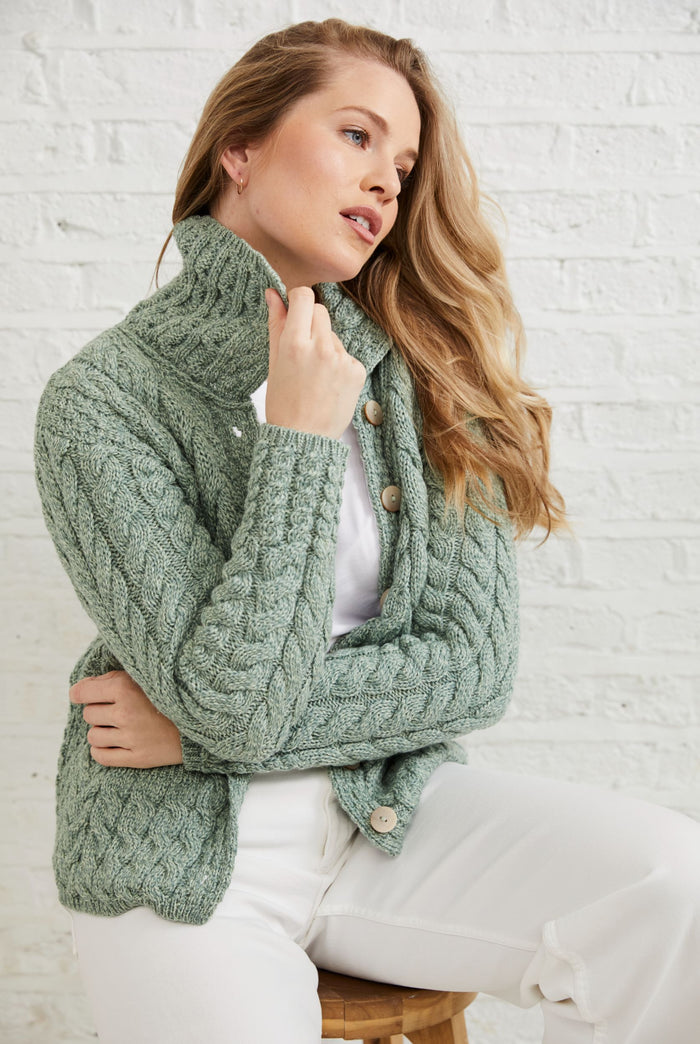 Made in Ireland, wool cardigan knitwear, aran sweater, cardigan, merino wool, green, ladies' knitwear, knitwear, cable knit