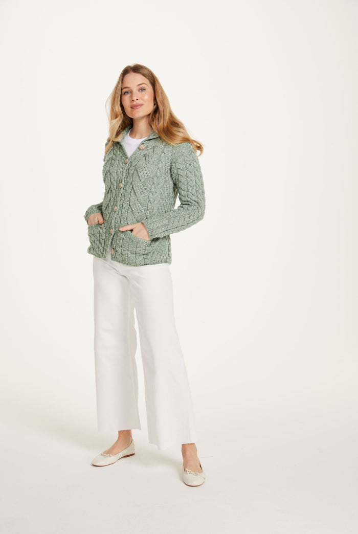 Made in Ireland, wool cardigan knitwear, aran sweater, cardigan, merino wool, green, ladies' knitwear, knitwear, cable knit