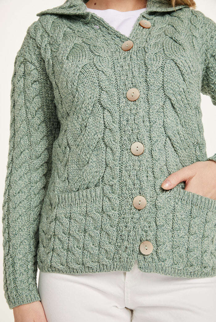 Made in Ireland, wool cardigan, knitwear, aran sweater, cardigan, merino wool, green cardigan, ladies' knitwear, cable knit