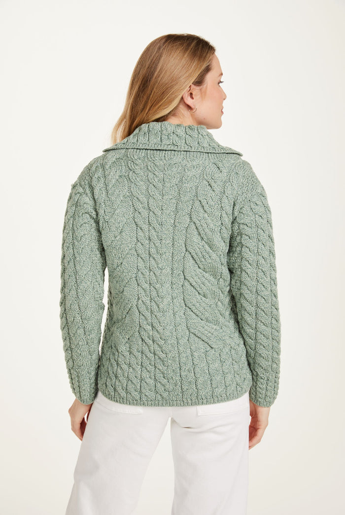 Made in Ireland, wool cardigan knitwear, aran sweater, cardigan, merino wool, green, ladies' knitwear, knitwear, cable knit