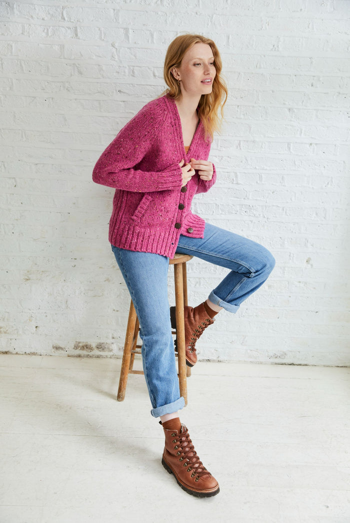 sweater, 100% wool, woollen sweater, cardigan, buttoned,aran, knitwear, Ireland, pink, women's cardigan
