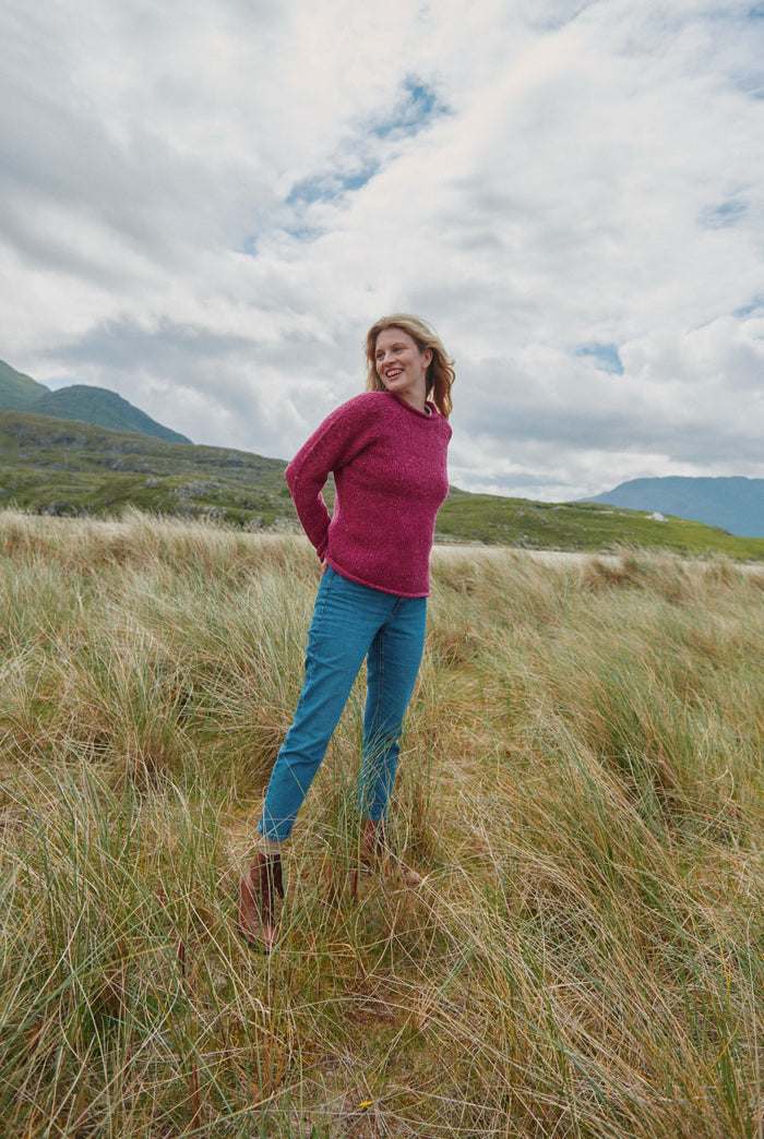 100% wool sweater, Ireland, Aran, jumper, Pullover, made in Ireland, knitwear, women's sweater, ladies' jumper, pink, roll neck