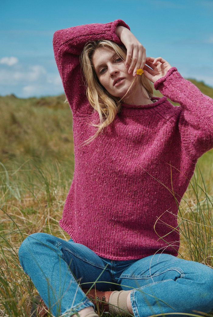 100% wool sweater, Ireland, Aran, jumper, Pullover, made in Ireland, knitwear, women's sweater, ladies' jumper, pink, roll neck