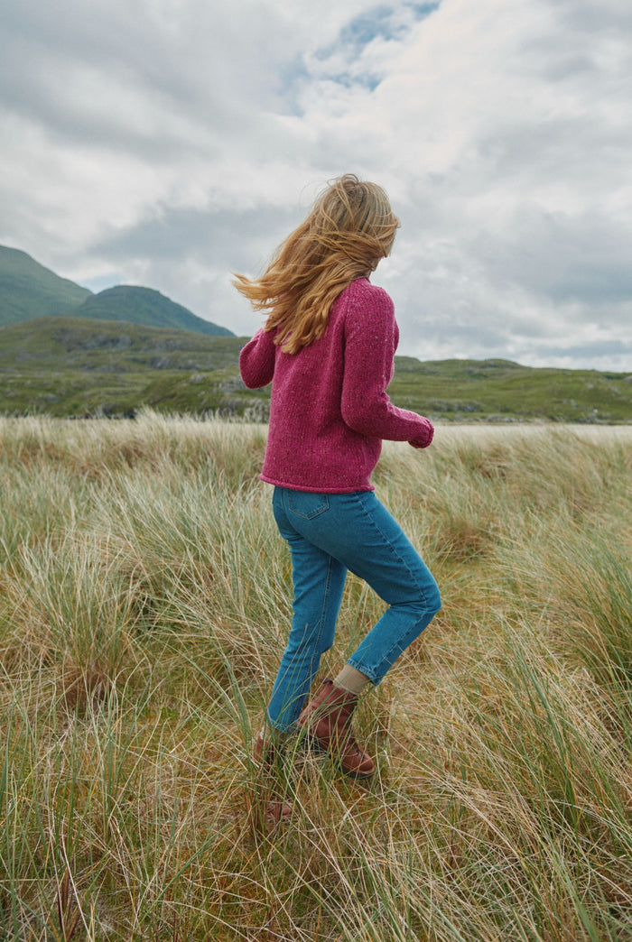 100% wool sweater, Ireland, Aran, jumper, Pullover, made in Ireland, knitwear, women's sweater, ladies' jumper, pink, roll neck