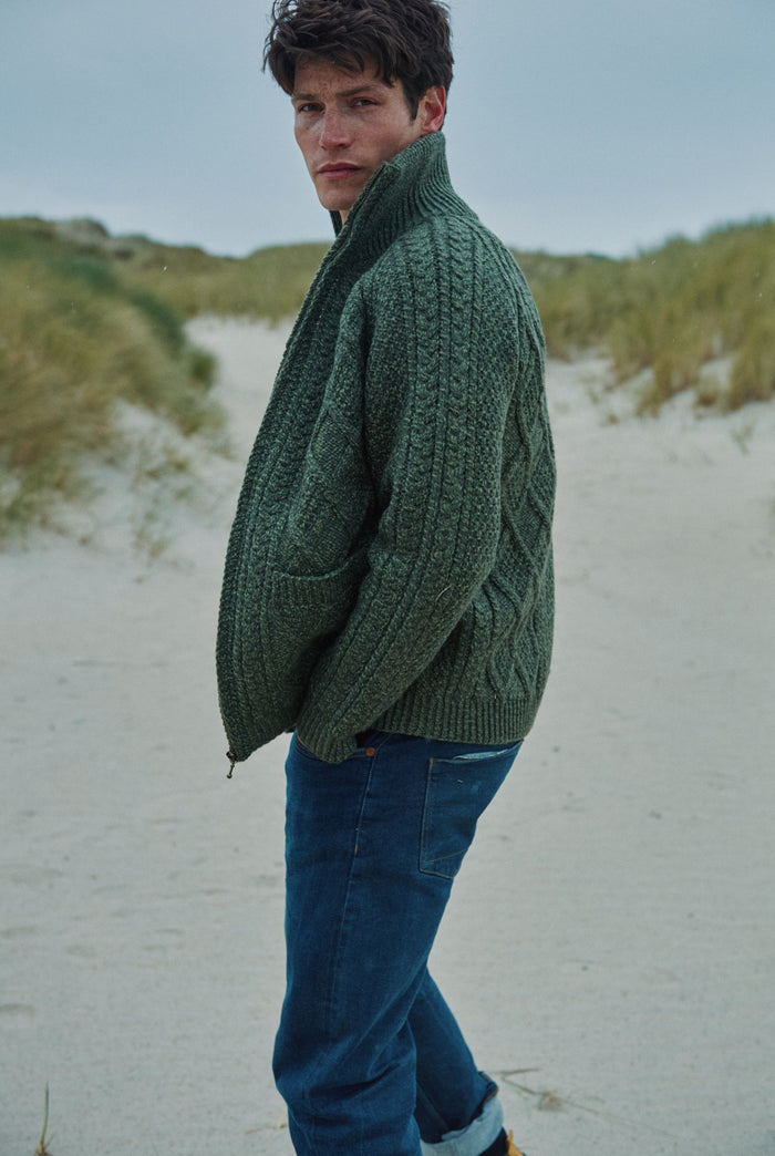 Merino wool, sweater, Ireland, Aran, jumper, Pullover, men's cardigan, knitwear,cable knit, cardigan, green, boyfriend
