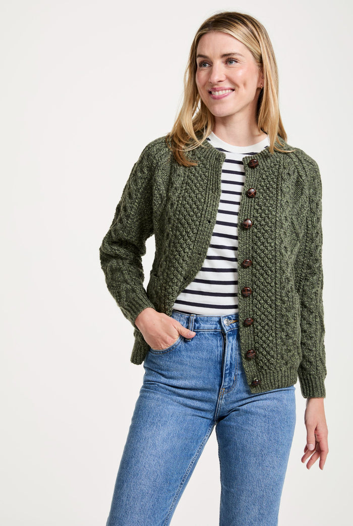 Merino wool sweater, Ireland, Aran knit, jumper, cardigan, women's cardigan, knitwear, cable knit, buttoned cardigan, wool cardigan ,green