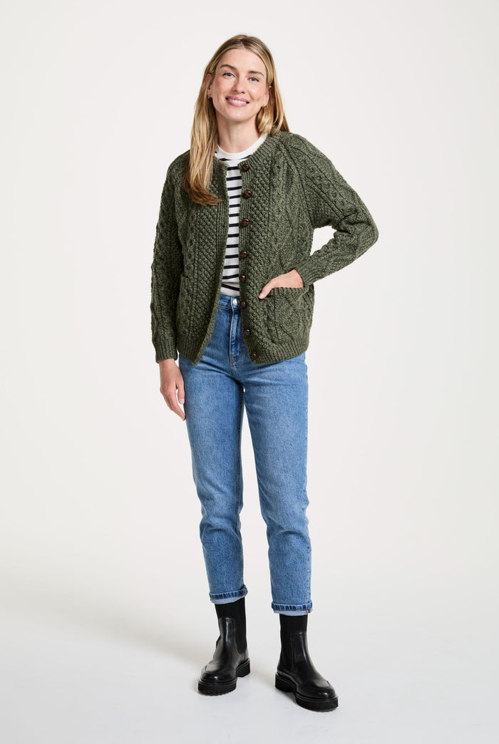 Merino wool sweater, Ireland, Aran knit, jumper, cardigan, women's cardigan, knitwear, cable knit, buttoned cardigan, wool cardigan, green