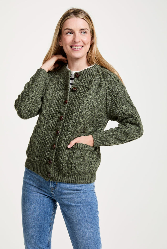 Merino wool sweater, Ireland, Aran knit, jumper, cardigan, women's cardigan, knitwear, cable knit, buttoned cardigan, wool cardigan ,green