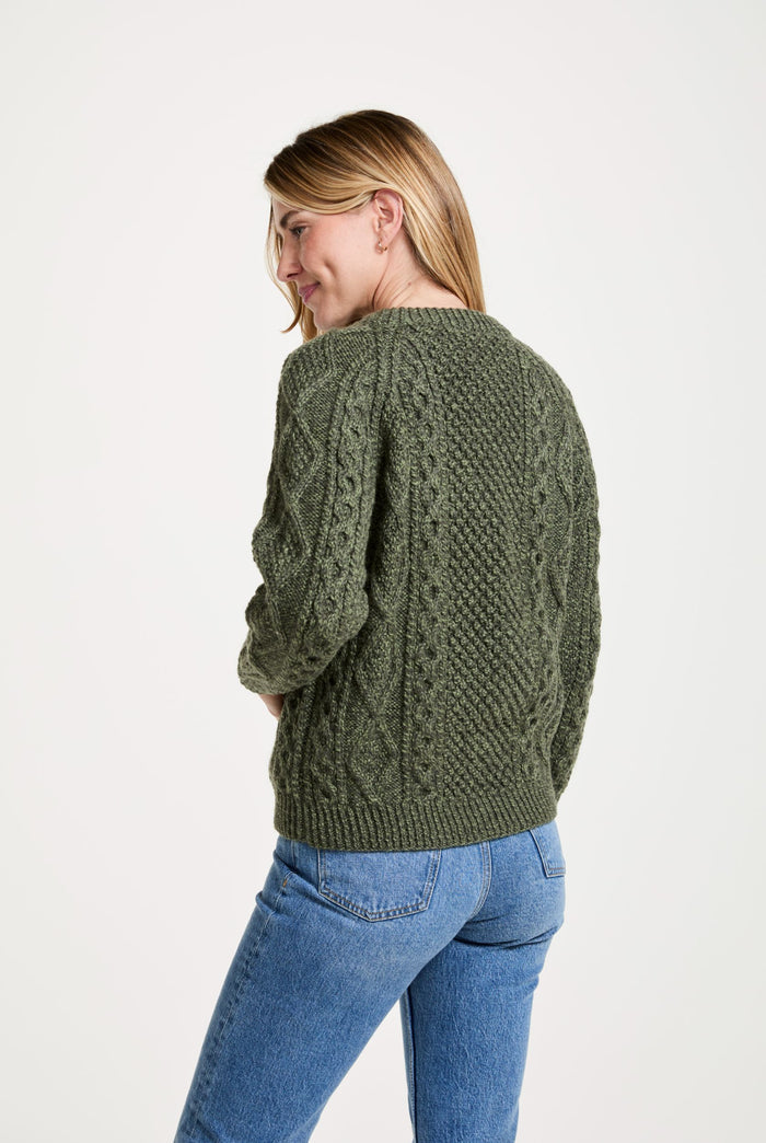 Merino wool sweater, Ireland, Aran knit, jumper, cardigan, women's cardigan, knitwear, cable knit, buttoned cardigan, wool cardigan ,green
