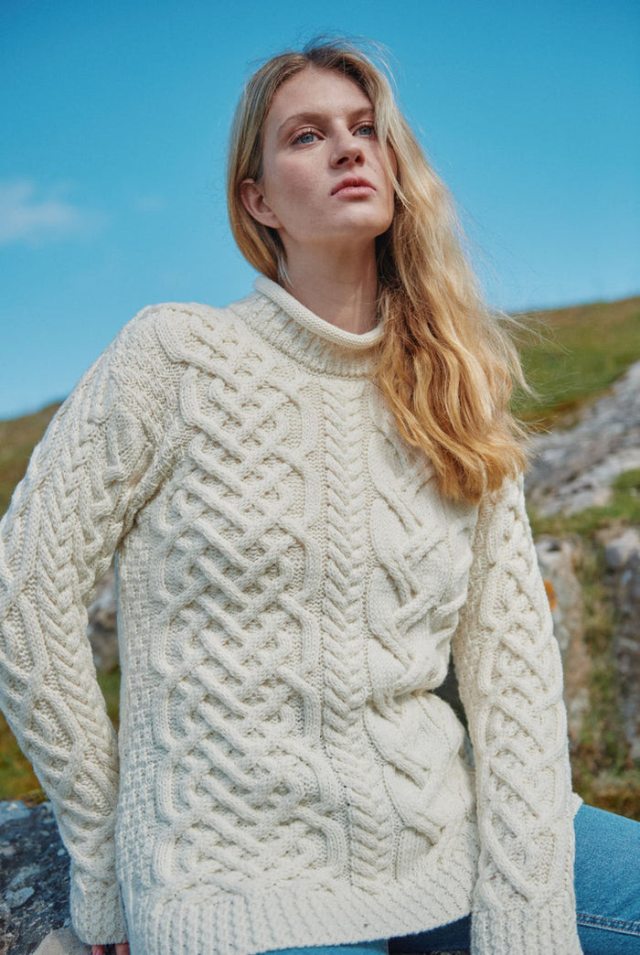 Merino wool, sweater, crew neck, Aran, ladies sweater, wool jumper, made in Ireland, knitwear,green