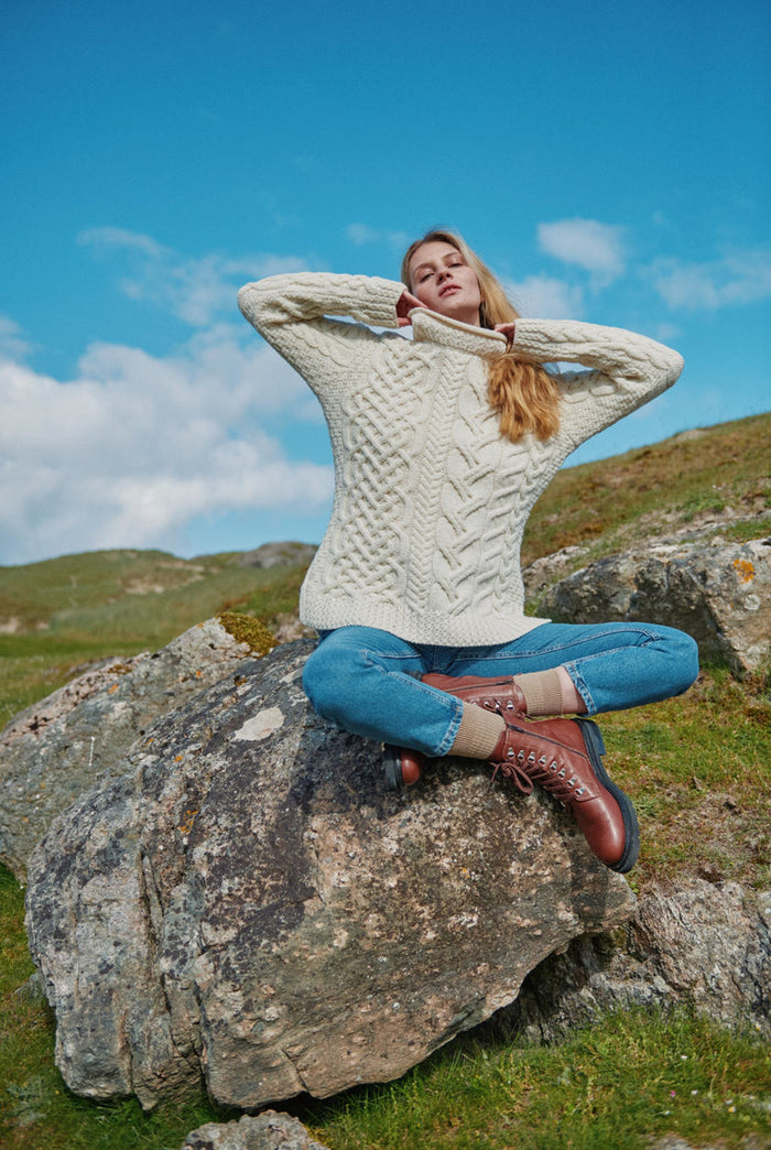Merino wool, sweater, crew neck, Aran, ladies sweater, wool jumper, made in Ireland, knitwear,green