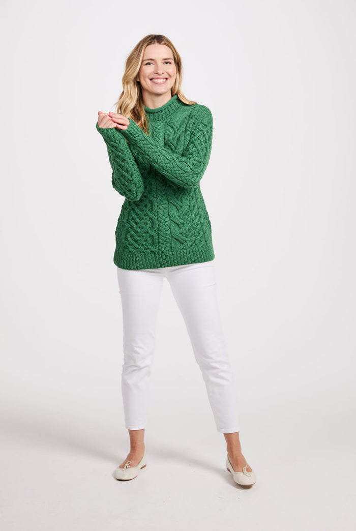Merino wool, sweater, crew neck, Aran, ladies sweater, wool jumper, made in Ireland, knitwear,green