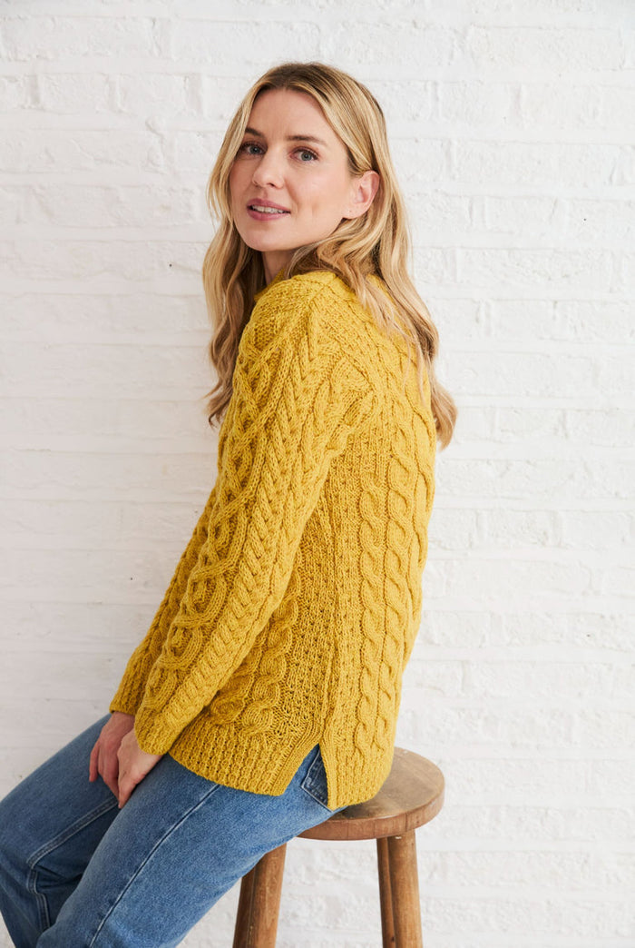 Merino wool, sweater, crew neck, yellow sweater, Aran, ladies sweater, wool jumper, made in Ireland, knitwear