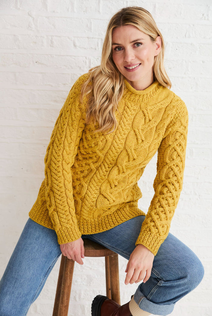 Merino wool, sweater, crew neck, yellow sweater, Aran, ladies sweater, wool jumper, made in Ireland, knitwear