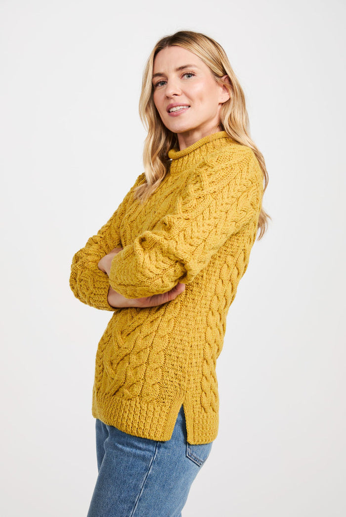 Merino wool, sweater, crew neck, yellow sweater, Aran, ladies sweater, wool jumper, made in Ireland, knitwear