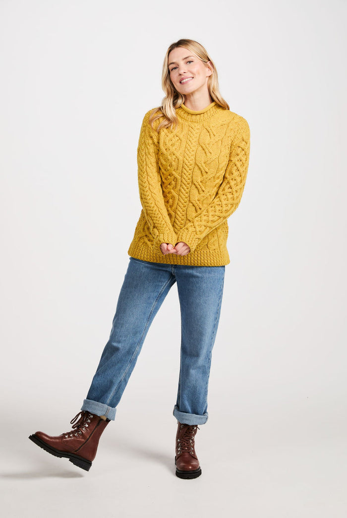Merino wool, sweater, crew neck, yellow sweater, Aran, ladies sweater, wool jumper, made in Ireland, knitwear