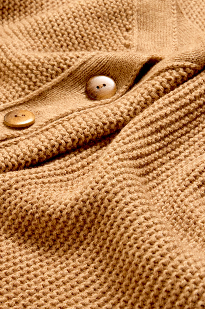 Close-up of the Camel Ribbed Wool Blend Button Jumper, featuring textured tan knitwear fabric with a ribbed pattern and three wooden buttons.