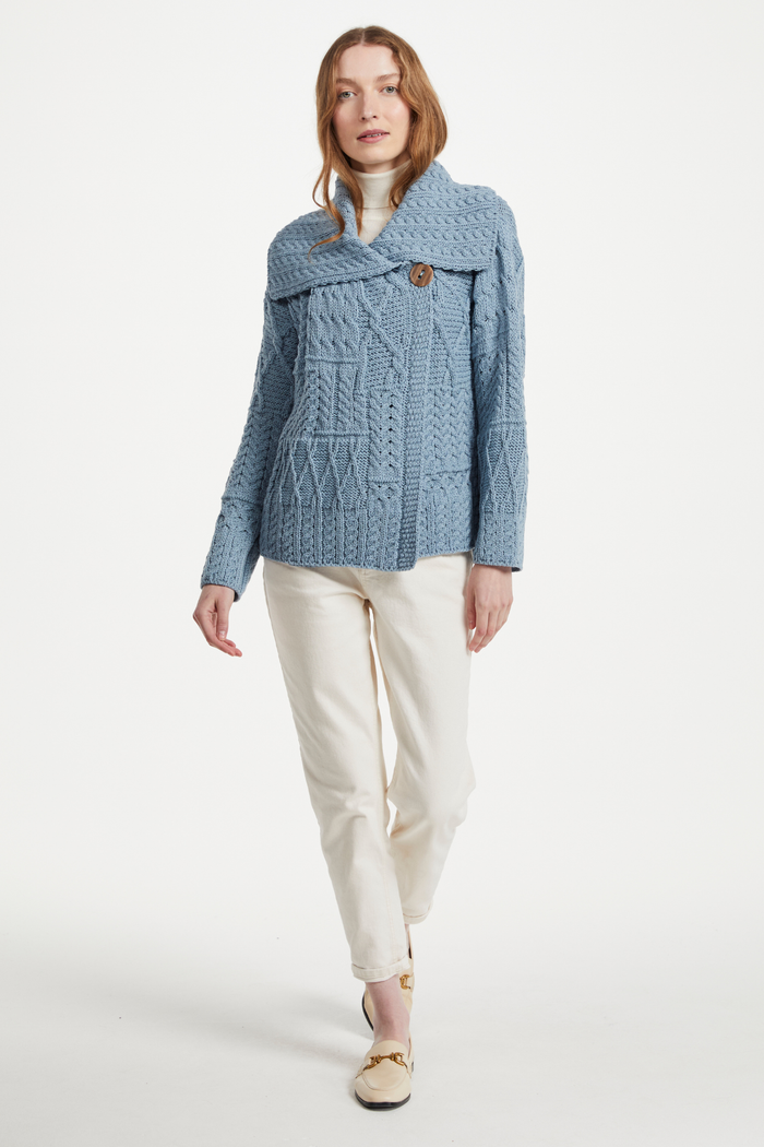 Céide Ladies Merino Aran Cardigan - Blue