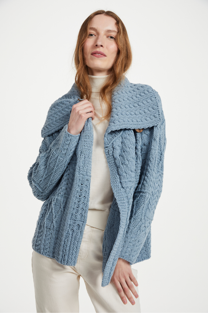 Céide Ladies Merino Aran Cardigan - Blue