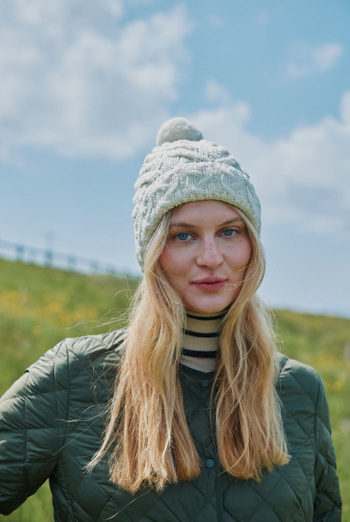 Pom Pom, wool hat, Hat & Scarf, gift, knitwear, cream, ladies hat, Ireland, made in ireland,aran