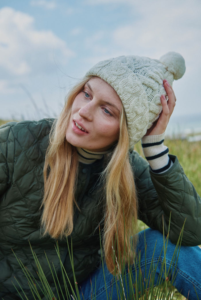 Pom Pom, wool hat, Hat & Scarf, gift, knitwear, cream, ladies hat, Ireland, made in ireland,aran