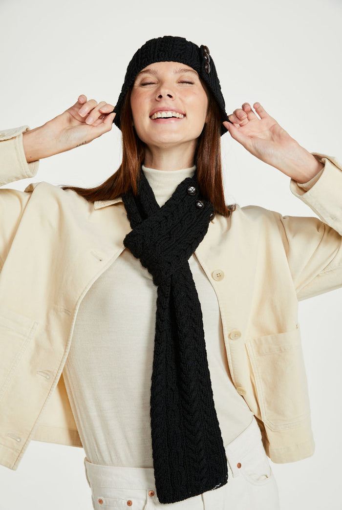 Hat & Scarf, merino wool, made in Ireland, knitwear,aran hat, ladies hat, Ireland,black